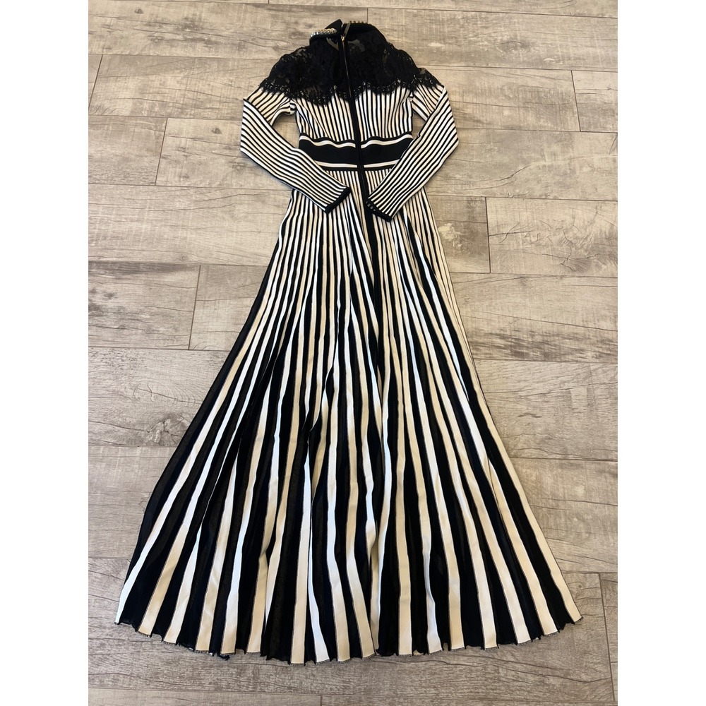 ELIE SAAB Floral Lace Knitted Long Sleeve Dress Black White Striped Chain Collar - Picture 12 of 16